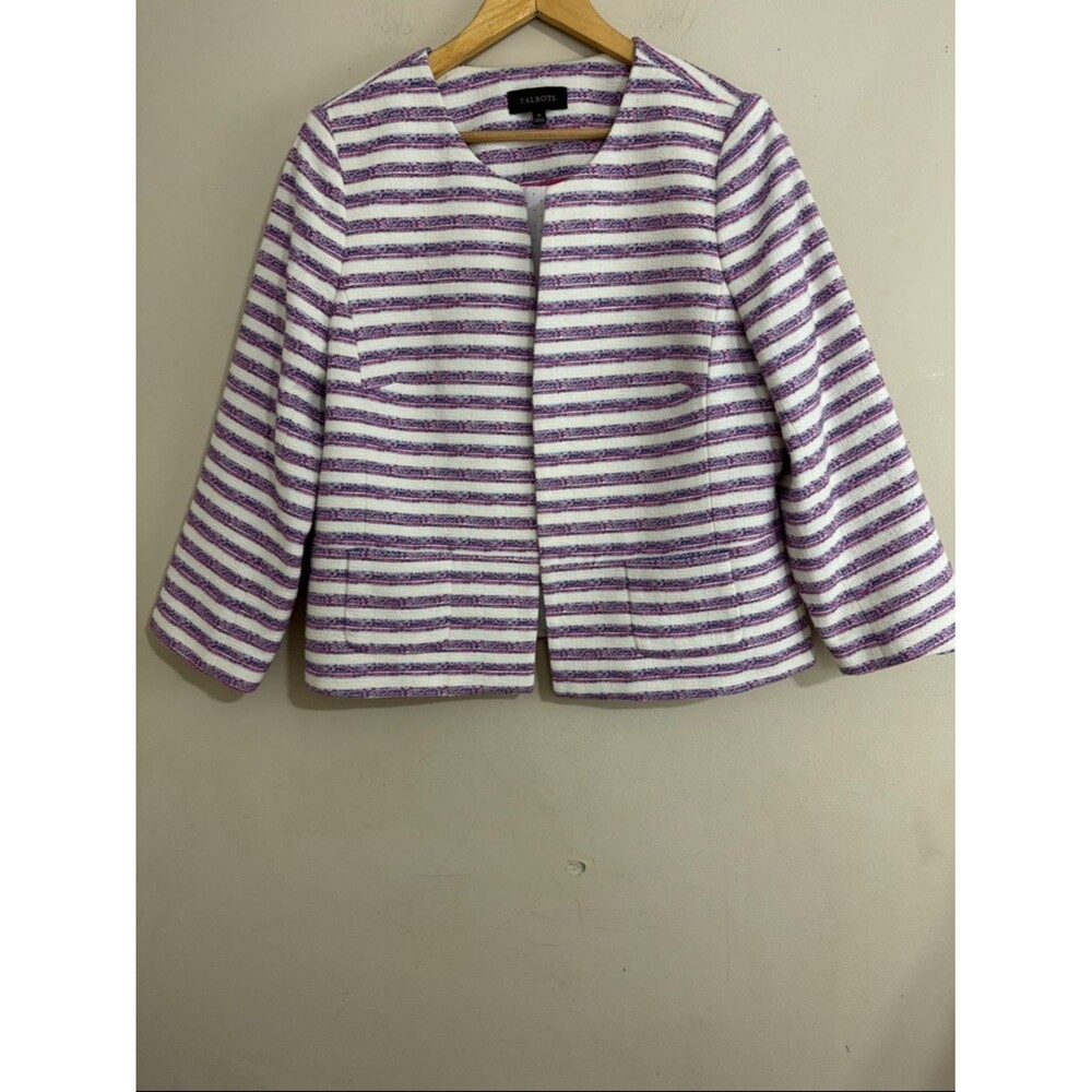 Talbots Open-front Ivory Striped Bouclé Blazer size 16 Career Spring Preppy
